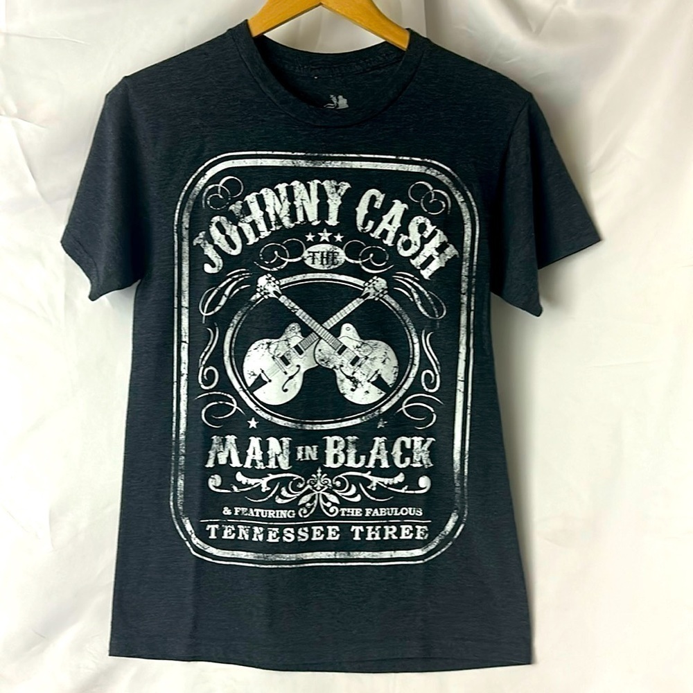 Zion Rootswear | Johnny Cash | dark grey mens short sleeve Man in Black t shirt.